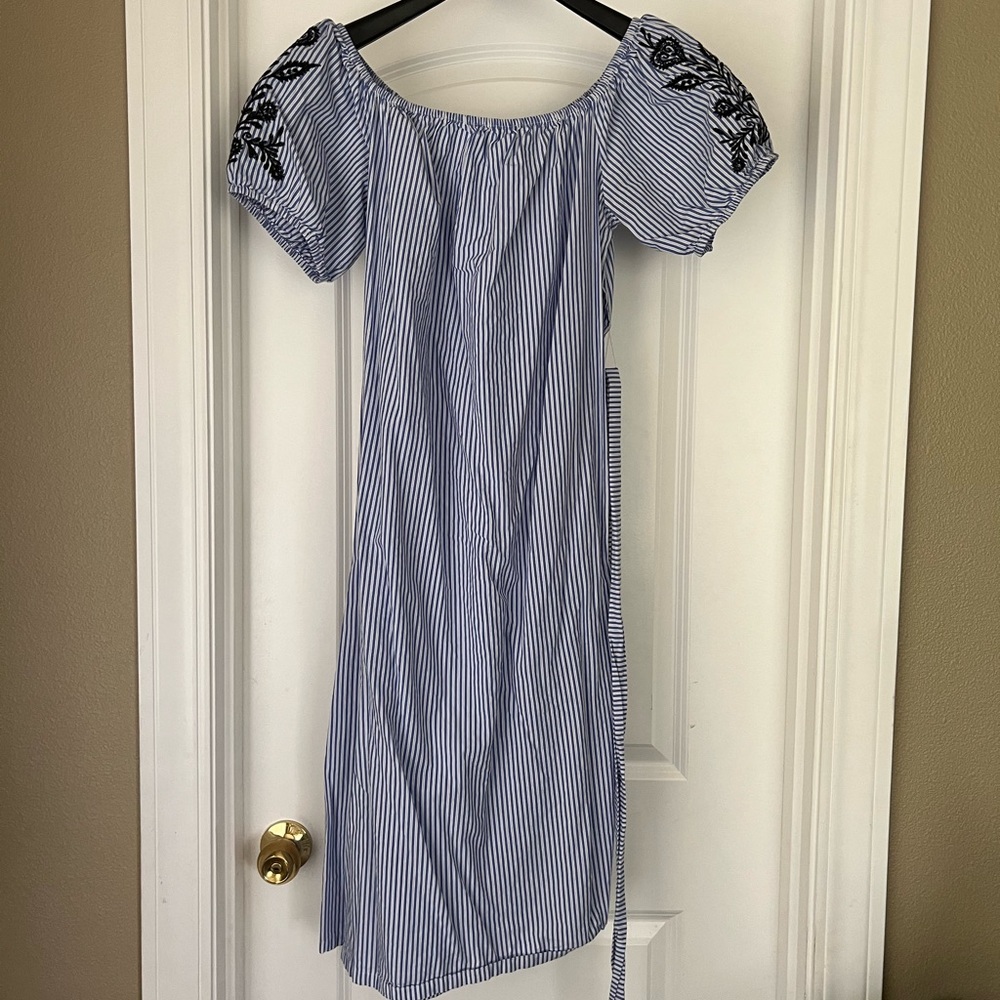 Blue and white striped dress with black embroidery on the sleeves. Size XL